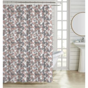 ΚΟΥΡΤΙΝΑ ΜΠΑΝΙΟΥ ΠΟΛΥΕΣΤΕΡΙΚΗ 180x180εκ 90gsm ΜΕ 12 ΚΡΙΚΟΥΣ ΓΕΩΜΕΤΡΙΚΟ ΜΟΤΙΒΟ ΡΟΖ ΚΑΙ ΓΚΡΙ ΧΡΩΜΑ ANKOR