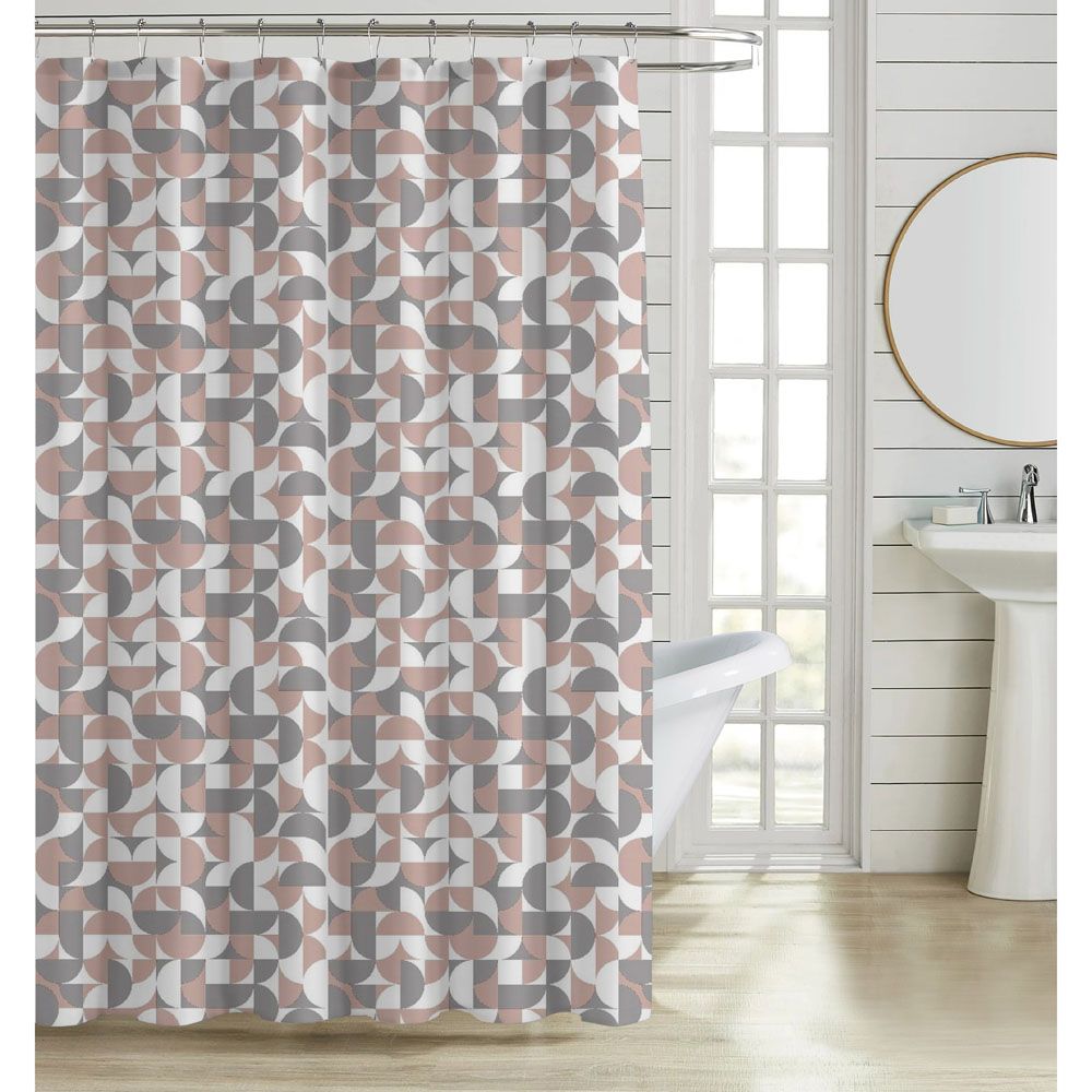 ΚΟΥΡΤΙΝΑ ΜΠΑΝΙΟΥ ΠΟΛΥΕΣΤΕΡΙΚΗ 180x180εκ 90gsm ΜΕ 12 ΚΡΙΚΟΥΣ ΓΕΩΜΕΤΡΙΚΟ ΜΟΤΙΒΟ ΡΟΖ ΚΑΙ ΓΚΡΙ ΧΡΩΜΑ ANKOR